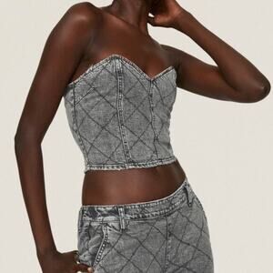retrofete gray denim quilted embroidered sweetheart bustier crop top